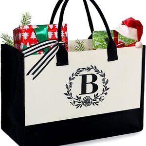 Monogram Initial Canvas Bag with Inner Zipper Pocket Embroidery Personalized Bag